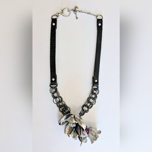 Fossil Statement Necklace Leather Silver Tone Flower Bee Pendant Rhinestone